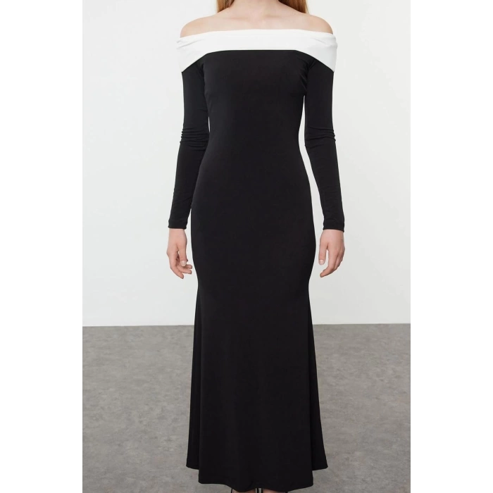 Women Fashion Stylish Maxi Length Carmen Collar Slim Color Block Fitted Body Stretchy Knit Dress