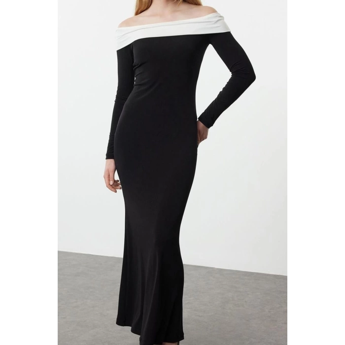 Women Fashion Stylish Maxi Length Carmen Collar Slim Color Block Fitted Body Stretchy Knit Dress