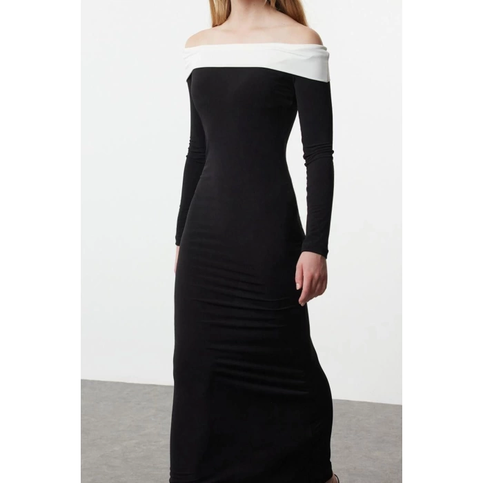 Women Fashion Stylish Maxi Length Carmen Collar Slim Color Block Fitted Body Stretchy Knit Dress