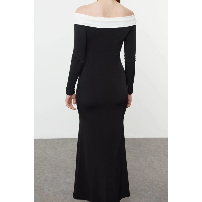 Women Fashion Stylish Maxi Length Carmen Collar Slim Color Block Fitted Body Stretchy Knit Dress