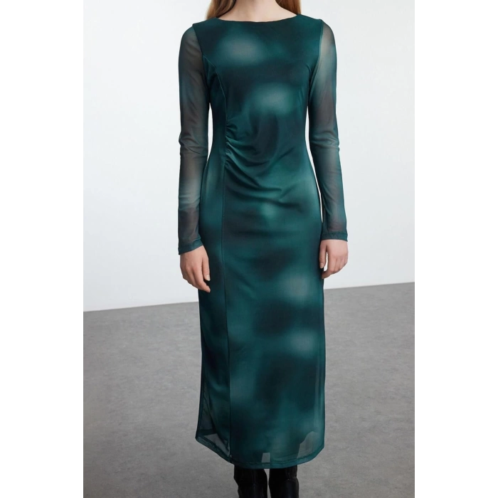 Women Fashion Stylish Maxi Length Boat Neck Slim Leopard Pattern Fitted Bodycon Tulle Flexible Knit Dress