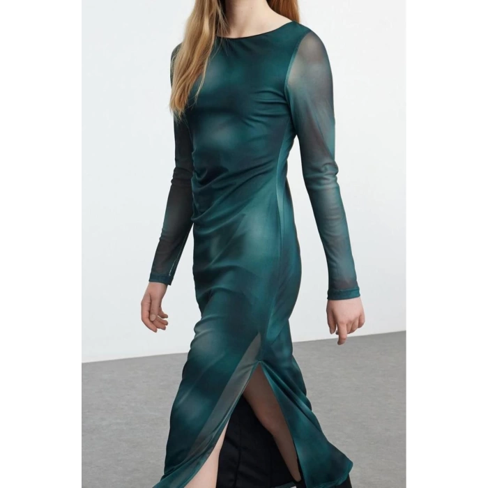 Women Fashion Stylish Maxi Length Boat Neck Slim Leopard Pattern Fitted Bodycon Tulle Flexible Knit Dress