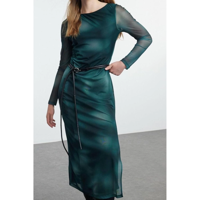 Women Fashion Stylish Maxi Length Boat Neck Slim Leopard Pattern Fitted Bodycon Tulle Flexible Knit Dress