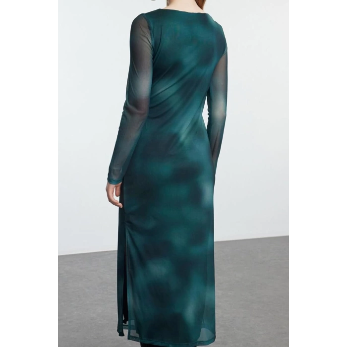 Women Fashion Stylish Maxi Length Boat Neck Slim Leopard Pattern Fitted Bodycon Tulle Flexible Knit Dress