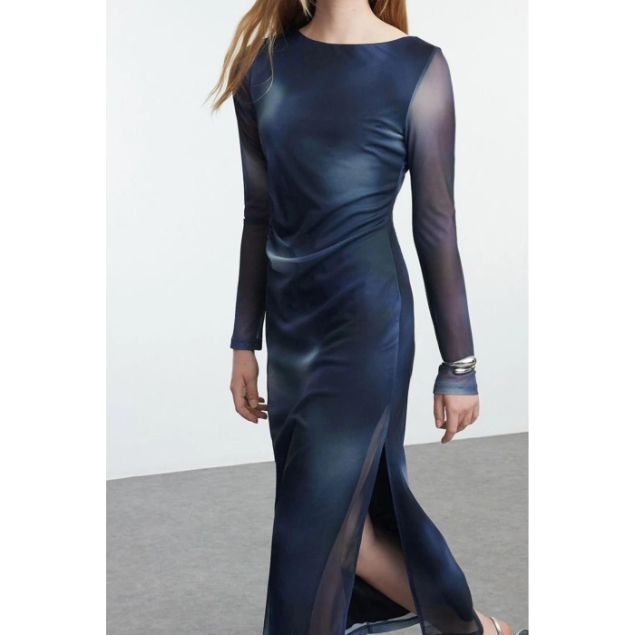 Women Fashion Stylish Maxi Length Boat Neck Slim Leopard Pattern Fitted Bodycon Tulle Flexible Knit Dress