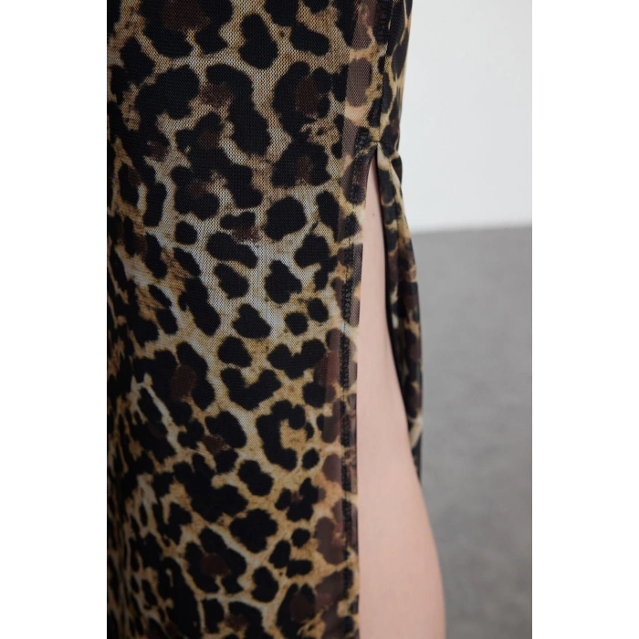 Women Fashion Stylish Maxi Length Boat Neck Slim Leopard Pattern Fitted Bodycon Tulle Flexible Knit Dress