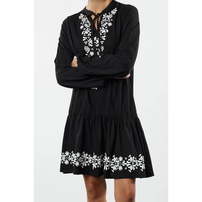 Women Fashion Stylish Mini Length V Neck Regular Balloon Sleeve Printed A-line Bell Drop Knitted Dress