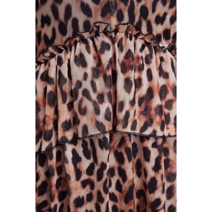 Womens Mini V Neck Relaxed Leopard Printed Ruffle Detailed A Line Bell Cut Balloon Sleeve Knitted Dress
