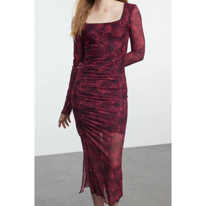 Womens Maxi Length Cowl Neck Slim Abstract Gathered Detail Slit Bodycone Knitted Dress
