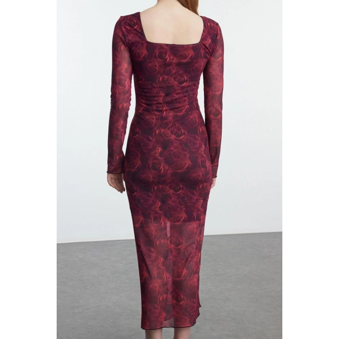 Womens Maxi Length Cowl Neck Slim Abstract Gathered Detail Slit Bodycone Knitted Dress
