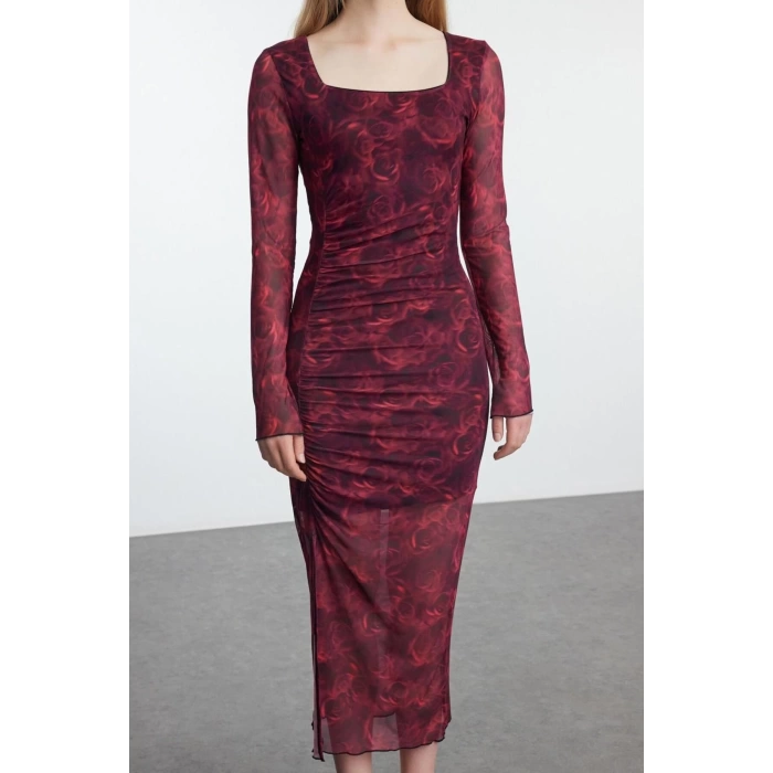 Womens Maxi Length Cowl Neck Slim Abstract Gathered Detail Slit Bodycone Knitted Dress