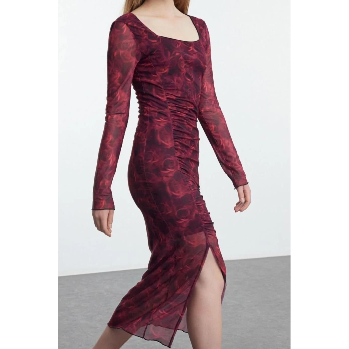 Womens Maxi Length Cowl Neck Slim Abstract Gathered Detail Slit Bodycone Knitted Dress