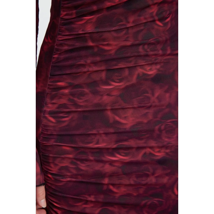 Womens Maxi Length Cowl Neck Slim Abstract Gathered Detail Slit Bodycone Knitted Dress