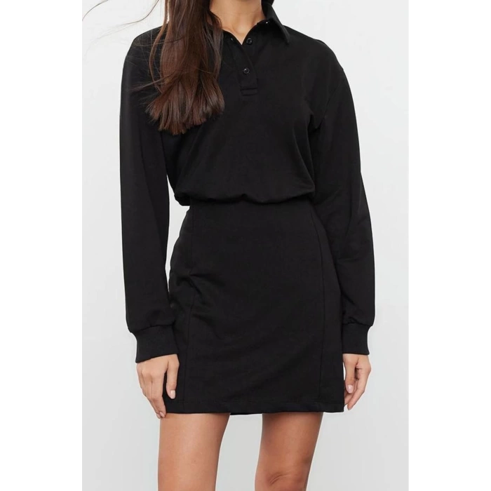 Women Fashion Stylish Mini Length Polo Collar Regular Plain Fitted Knitted Dress