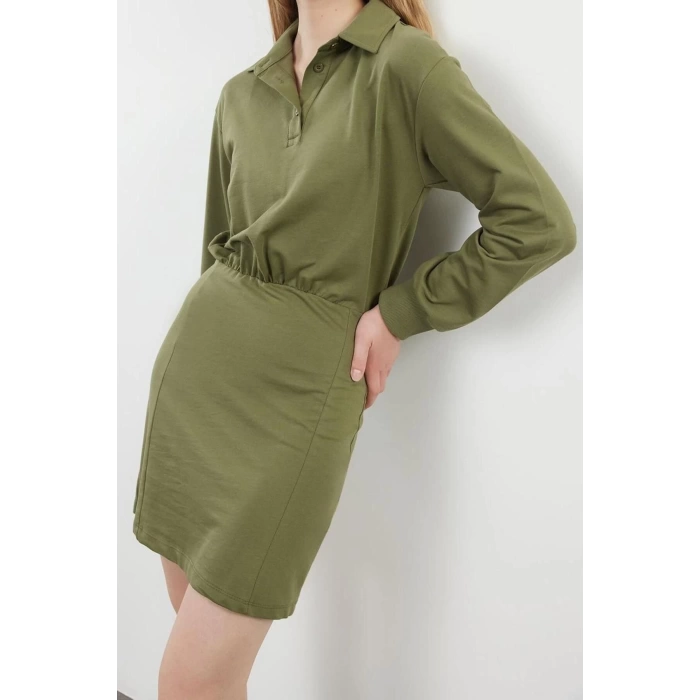 Women Fashion Stylish Mini Length Polo Collar Regular Plain Fitted Knitted Dress