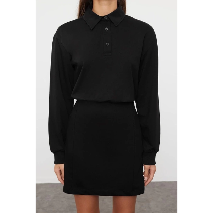 Women Fashion Stylish Mini Length Polo Collar Regular Plain Fitted Knitted Dress
