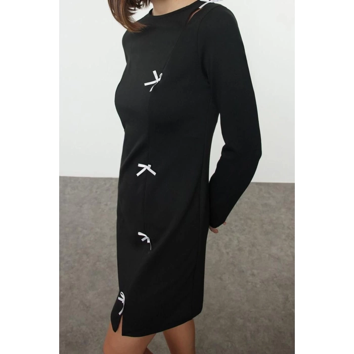 Women Fashion Mini Length Crew Neck Slim Plain Bow Detail Bodycone Fitted Flexible Knit Dress