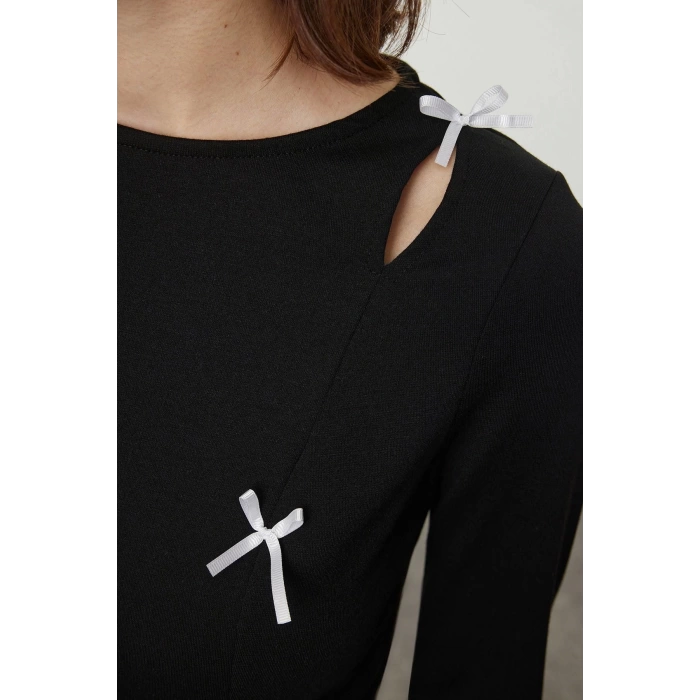 Women Fashion Mini Length Crew Neck Slim Plain Bow Detail Bodycone Fitted Flexible Knit Dress
