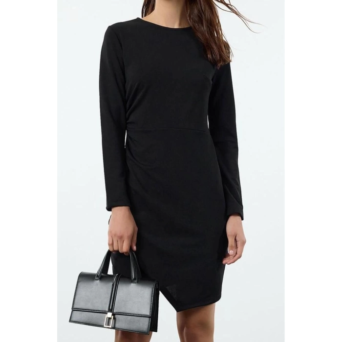 Womens Mini Length Crew Neck Slim Plain Gathered Drape Detailed Bodycone Body-Smoothing Flexible Knitted Dress