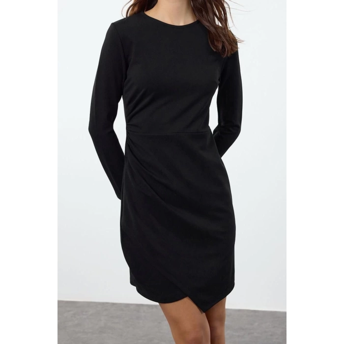 Womens Mini Length Crew Neck Slim Plain Gathered Drape Detailed Bodycone Body-Smoothing Flexible Knitted Dress