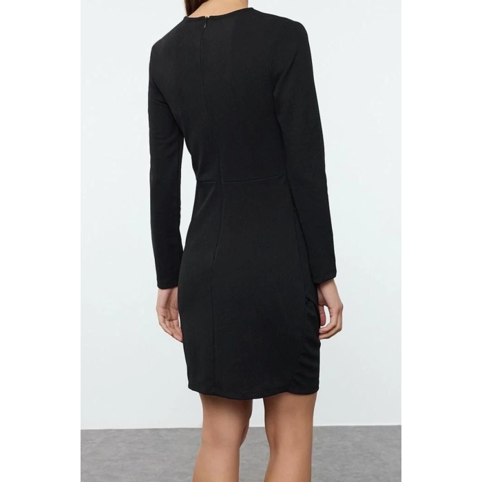 Womens Mini Length Crew Neck Slim Plain Gathered Drape Detailed Bodycone Body-Smoothing Flexible Knitted Dress