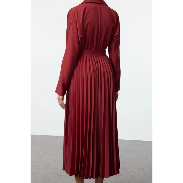 Women Fashion Stylish Midi Length Jacket Collar Regular Belted Skirt Pleated Double Breasted Woven Dress