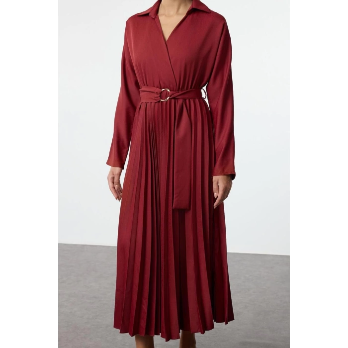 Women Fashion Stylish Midi Length Jacket Collar Regular Belted Skirt Pleated Double Breasted Woven Dress
