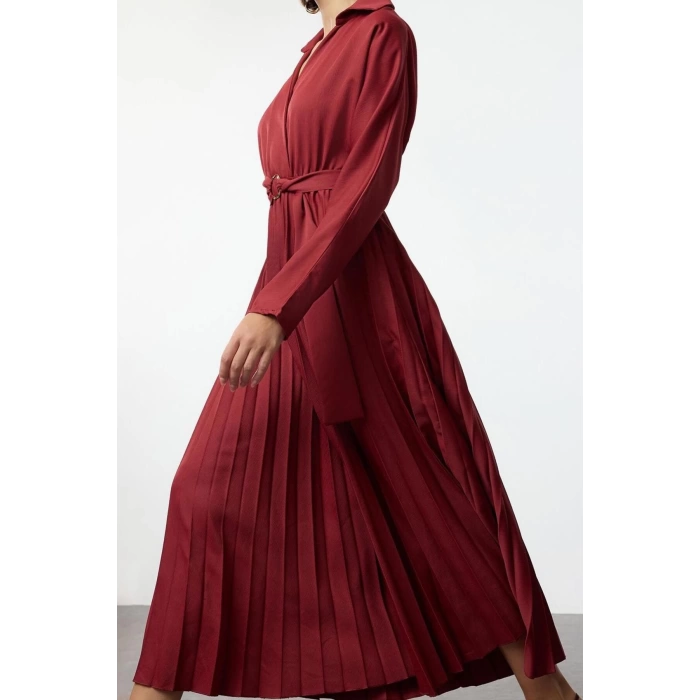 Women Fashion Stylish Midi Length Jacket Collar Regular Belted Skirt Pleated Double Breasted Woven Dress