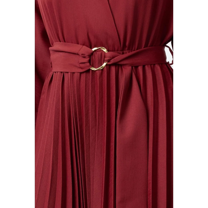 Women Fashion Stylish Midi Length Jacket Collar Regular Belted Skirt Pleated Double Breasted Woven Dress