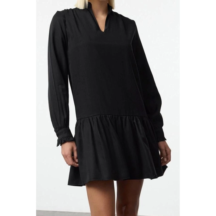 Women Fashion Stylish Mini Length V Neck Regular Shift Straight Cut Skirt Flounce Belmando Woven Dress