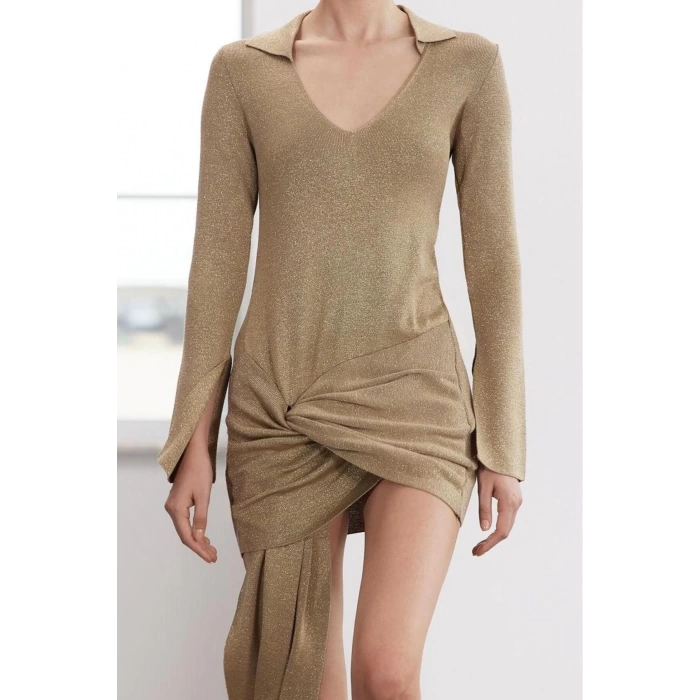Women Fashion Stylish Mini Length Polo Neck Slim Limited Edition Knitwear Glittery Tie Dress