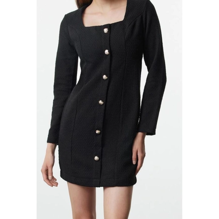 Kadın Moda Şık Mini Boy Kare Yaka Regular Tüvit Dokuma Ceket Elbise