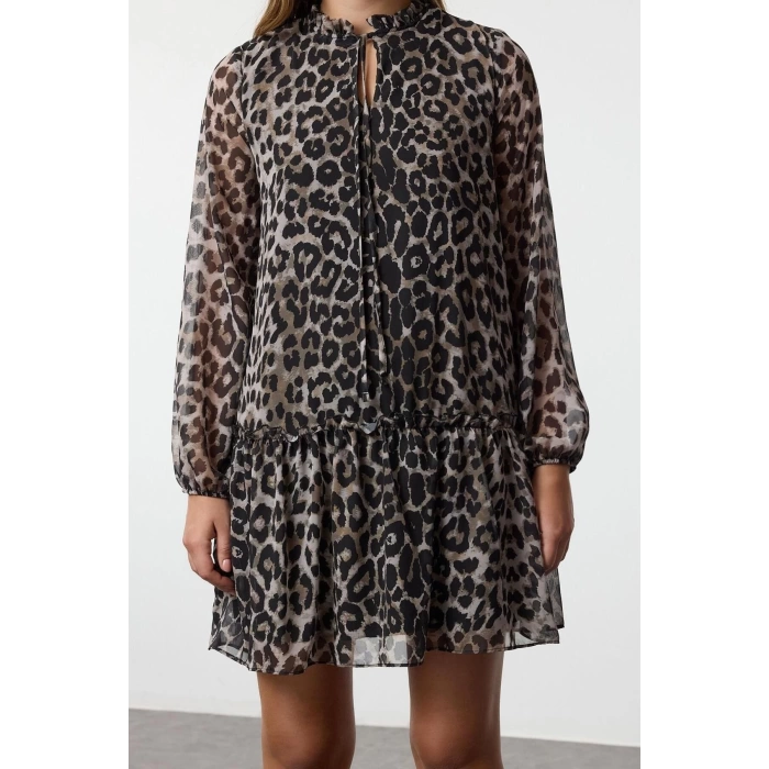 Women Fashion Stylish Mini Length Stand Collar Regular Leopard Patterned Plain Pattern Lined Chiffon Woven Winter Dress