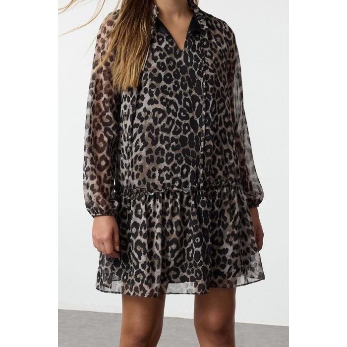 Women Fashion Stylish Mini Length Stand Collar Regular Leopard Patterned Plain Pattern Lined Chiffon Woven Winter Dress