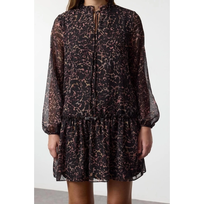Women Fashion Stylish Mini Length Stand Collar Regular Leopard Patterned Plain Pattern Lined Chiffon Woven Winter Dress