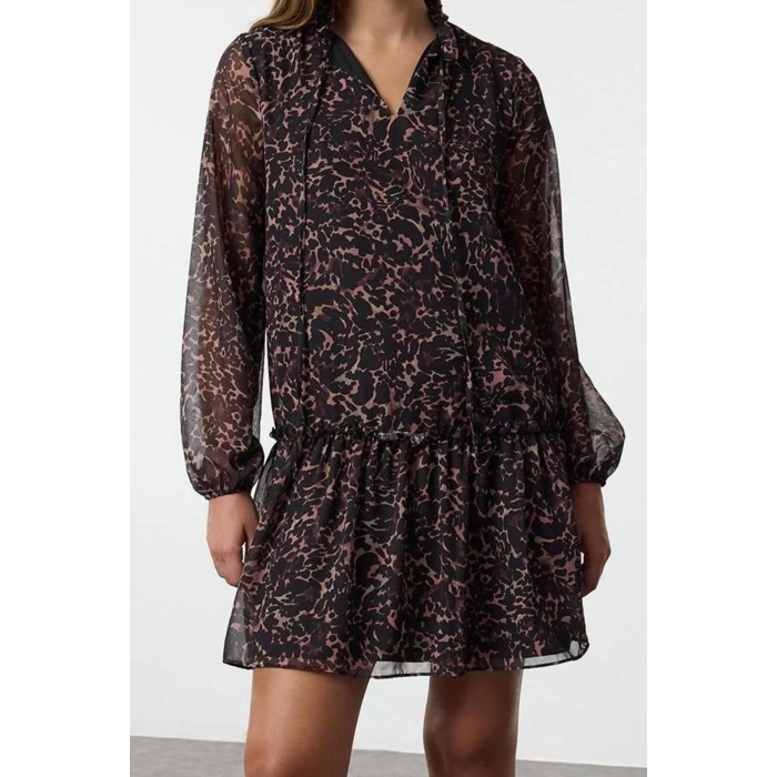 Women Fashion Stylish Mini Length Stand Collar Regular Leopard Patterned Plain Pattern Lined Chiffon Woven Winter Dress