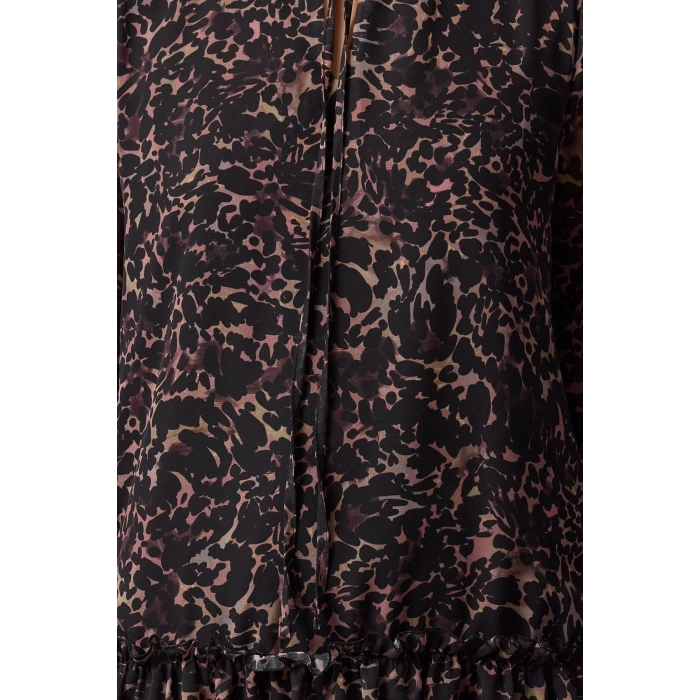 Women Fashion Stylish Mini Length Stand Collar Regular Leopard Patterned Plain Pattern Lined Chiffon Woven Winter Dress