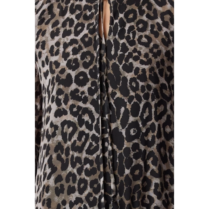 Women Fashion Stylish Mini Length Stand Collar Regular Leopard Patterned Plain Pattern Lined Chiffon Woven Winter Dress