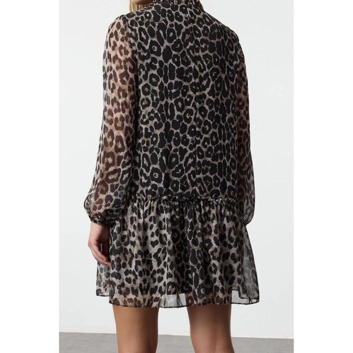 Women Fashion Stylish Mini Length Stand Collar Regular Leopard Patterned Plain Pattern Lined Chiffon Woven Winter Dress