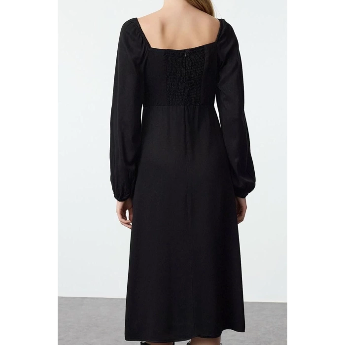 Women Fashion Stylish Midi Length Square Neck Regular Balloon Sleeve A Cut Belmando Fabric Woven Dress