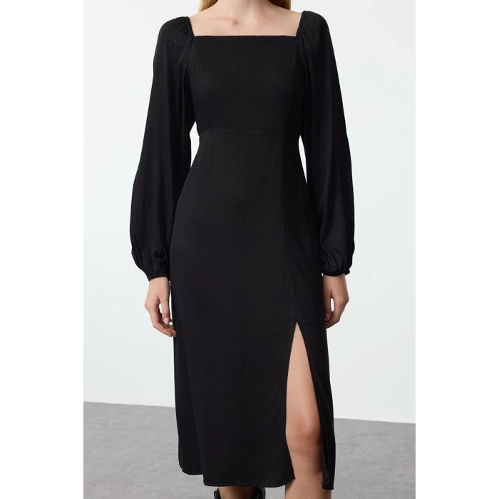 Women Fashion Stylish Midi Length Square Neck Regular Balloon Sleeve A Cut Belmando Fabric Woven Dress