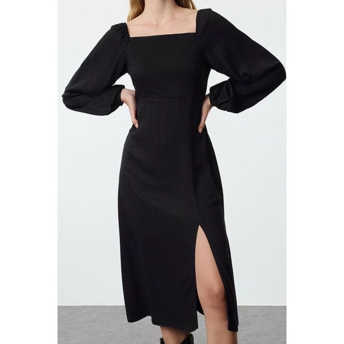Women Fashion Stylish Midi Length Square Neck Regular Balloon Sleeve A Cut Belmando Fabric Woven Dress