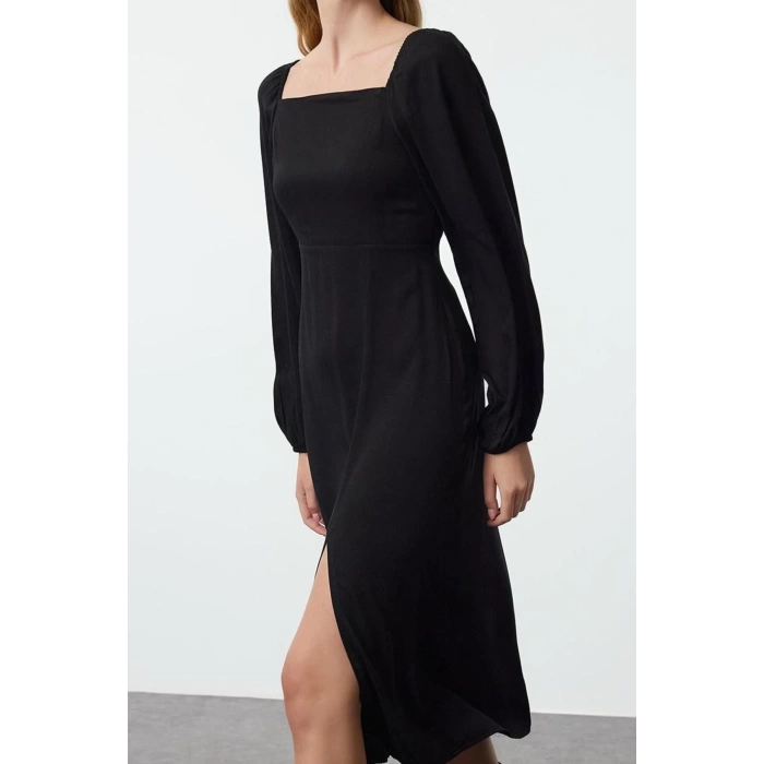 Women Fashion Stylish Midi Length Square Neck Regular Balloon Sleeve A Cut Belmando Fabric Woven Dress