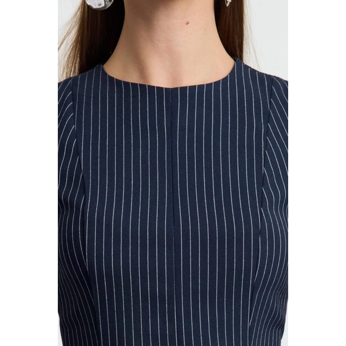 Womens Fashion Stylish Mini Length Crew Neck Regular Striped Skirt Waist Opening Polyviscon Woven Dress