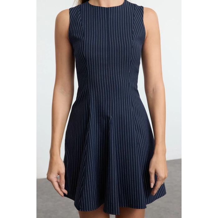 Womens Fashion Stylish Mini Length Crew Neck Regular Striped Skirt Waist Opening Polyviscon Woven Dress