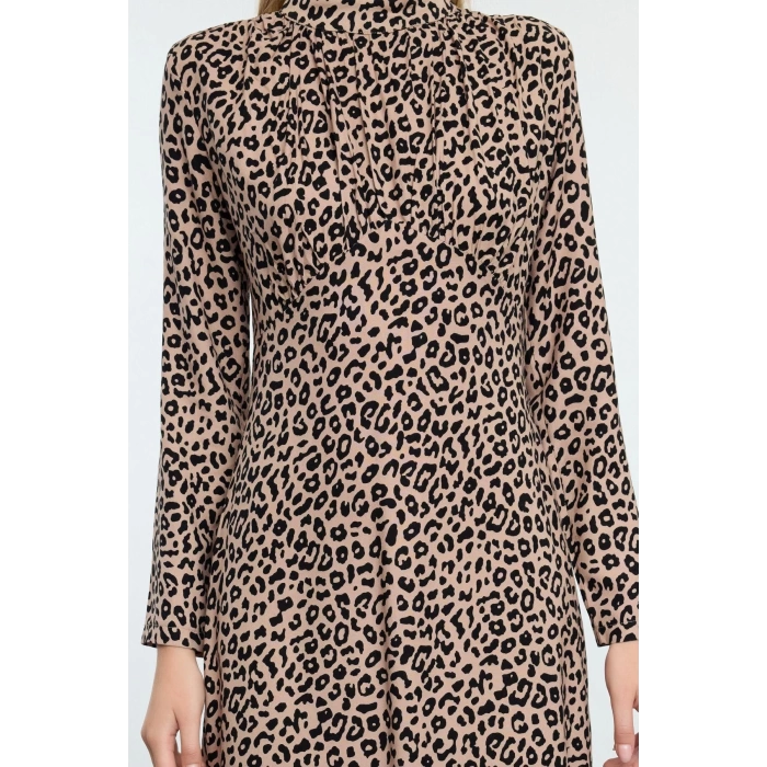 Women Fashion Stylish Midi Length Stand Collar Regular Animal Pattern Collar Drape Detailed A Cut Woven Dress