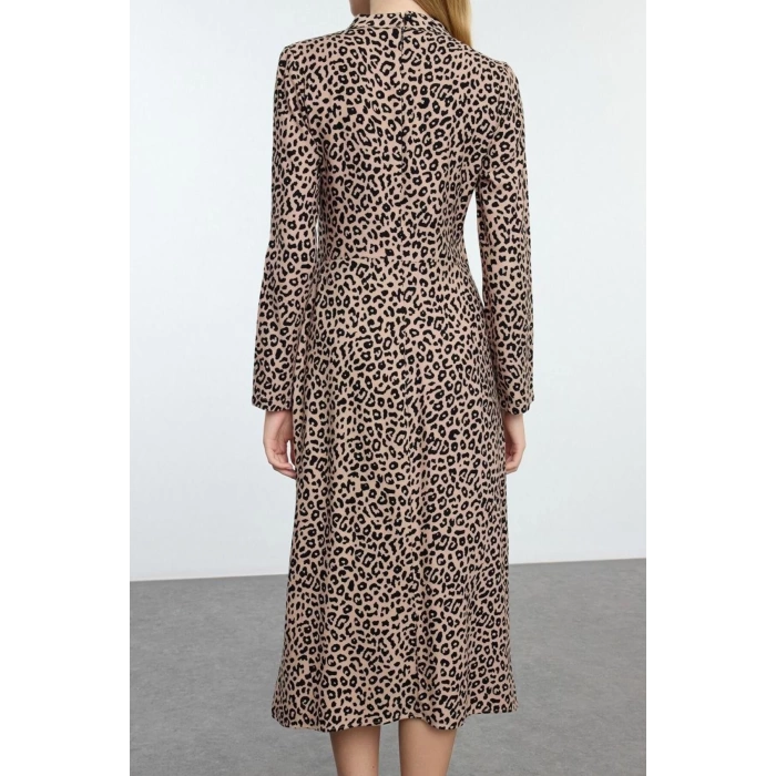 Women Fashion Stylish Midi Length Stand Collar Regular Animal Pattern Collar Drape Detailed A Cut Woven Dress