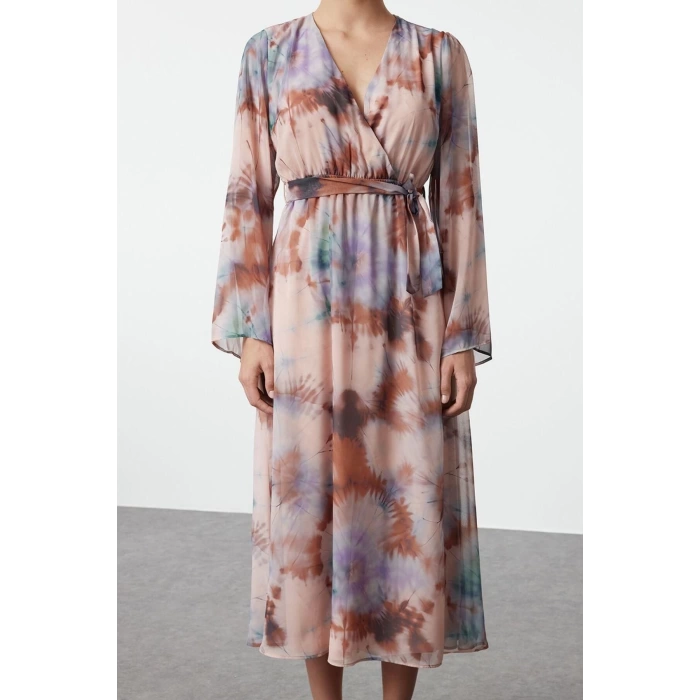 Women Fashion Chic Maxi Length Double Breasted Regular Abstract Pattern Belted A-Line Collar Lined Chiffon Woven Dress
