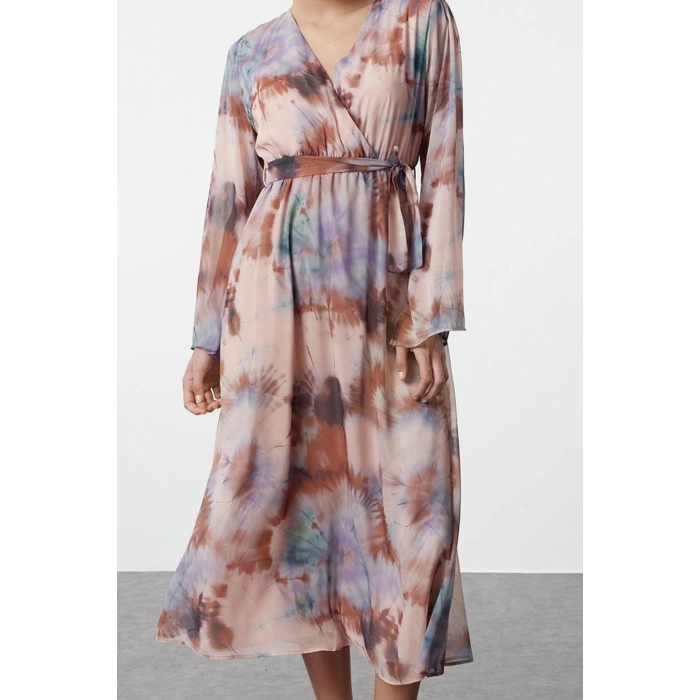 Women Fashion Chic Maxi Length Double Breasted Regular Abstract Pattern Belted A-Line Collar Lined Chiffon Woven Dress