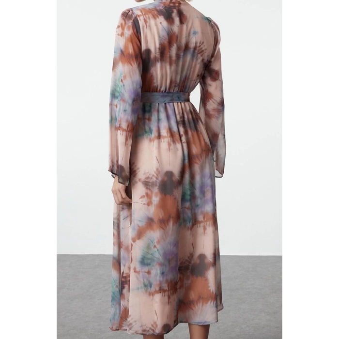 Women Fashion Chic Maxi Length Double Breasted Regular Abstract Pattern Belted A-Line Collar Lined Chiffon Woven Dress